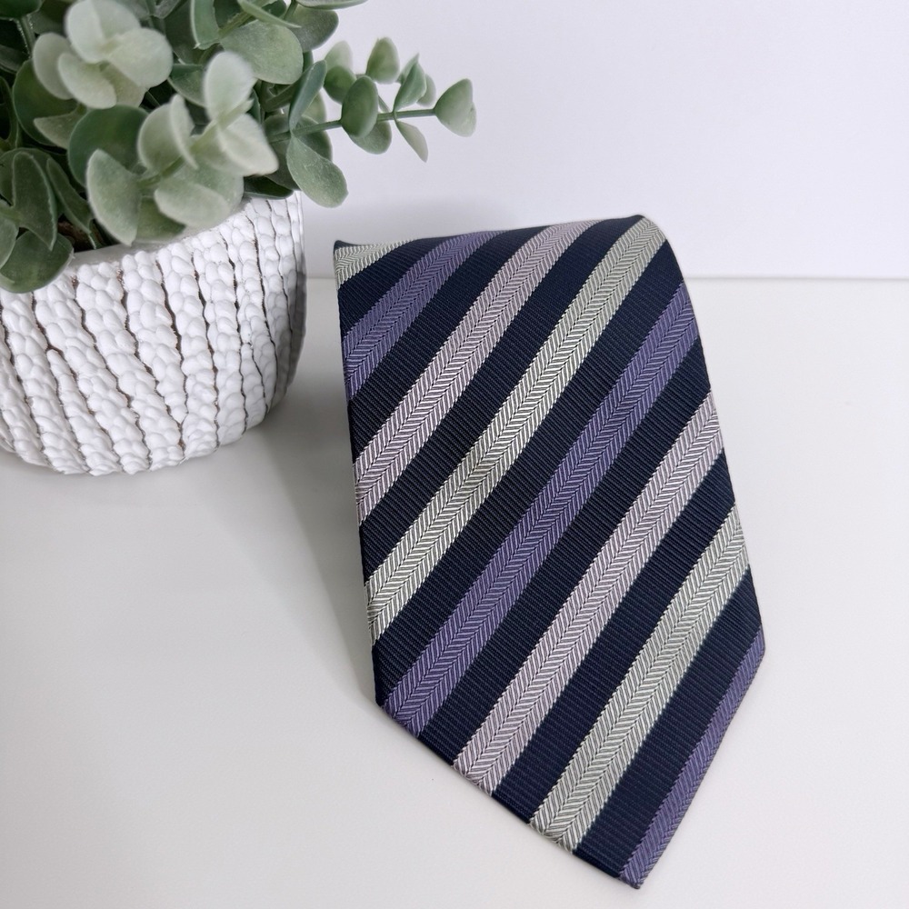 Foggia Men's Silk Necktie Striped Purple Navy 3‎ 3/4" x 58 1/2" Preppy Workwear